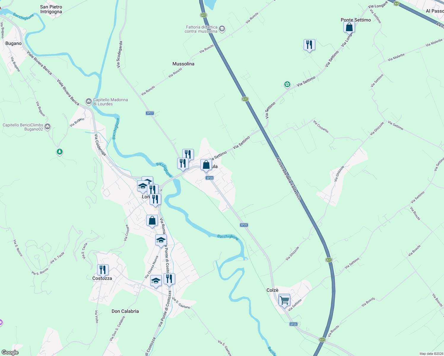 map of restaurants, bars, coffee shops, grocery stores, and more near 14 Via Dante Alighieri in Secula