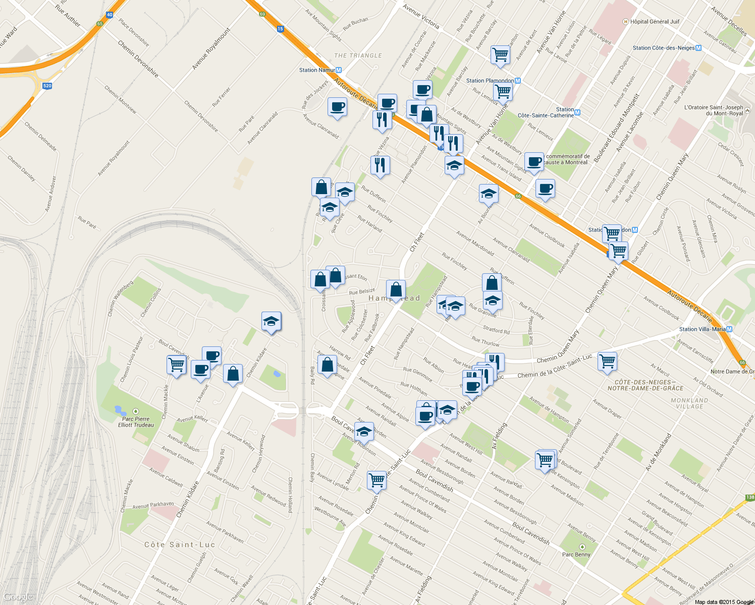 map of restaurants, bars, coffee shops, grocery stores, and more near 2 Rue Fallbrook in Hampstead