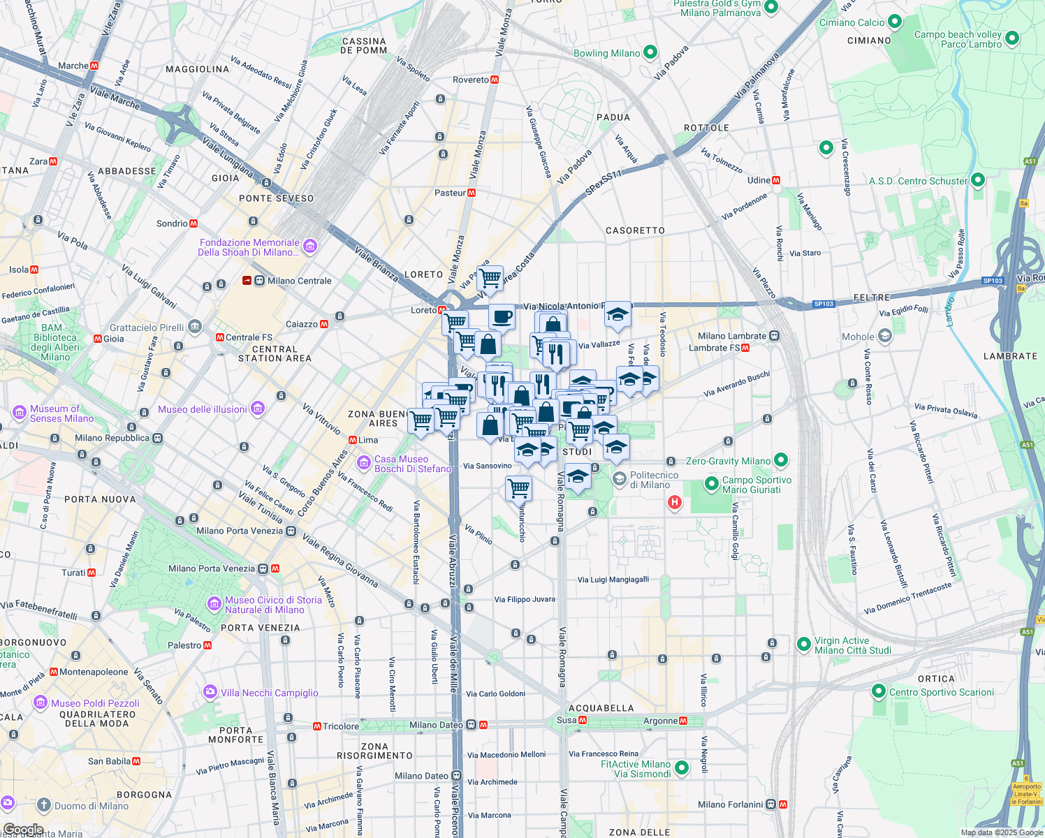 map of restaurants, bars, coffee shops, grocery stores, and more near 9 Via Giuseppe Luosi in Milano