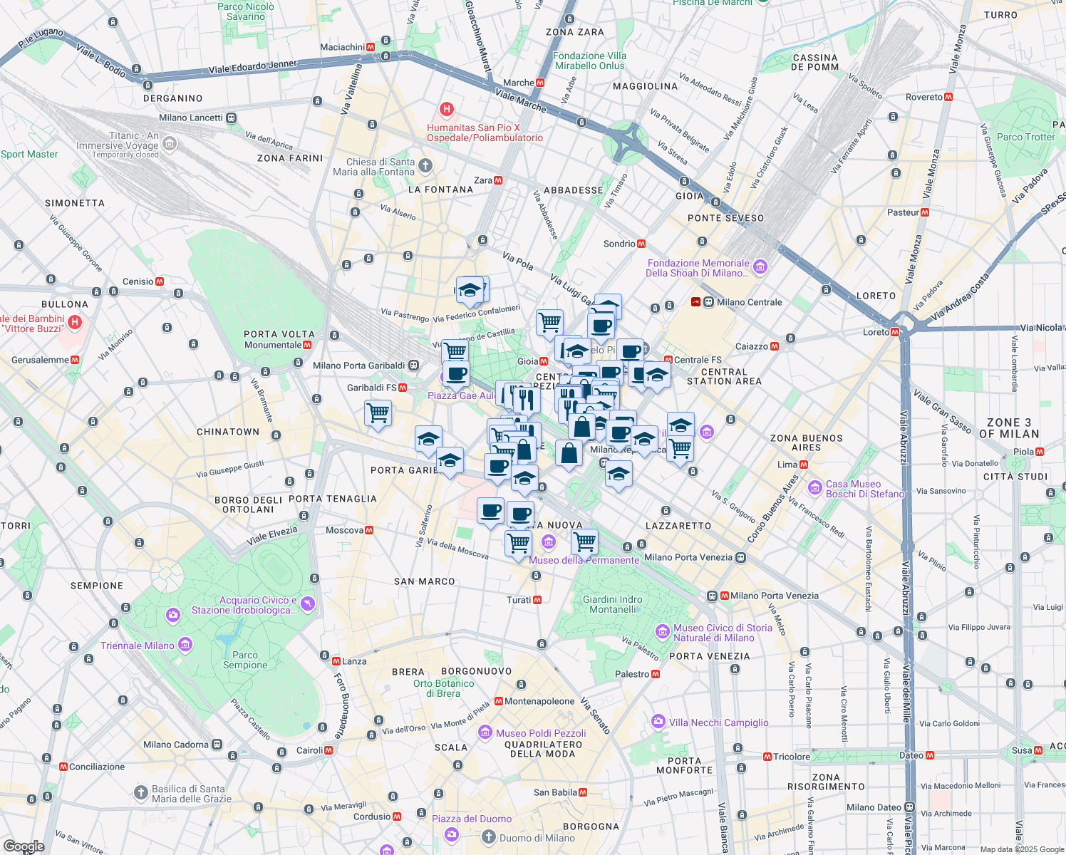 map of restaurants, bars, coffee shops, grocery stores, and more near 13 Viale della Liberazione in Milano