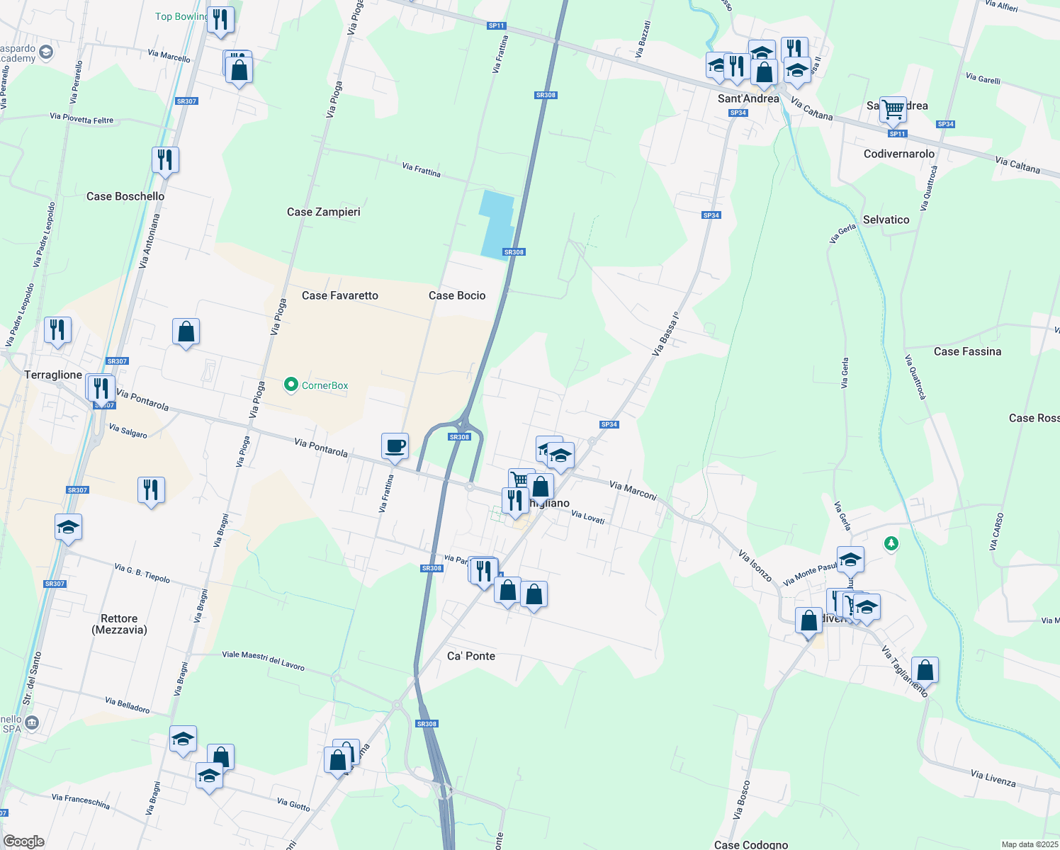 map of restaurants, bars, coffee shops, grocery stores, and more near 2 Via Foffani Antonio in Campodarsego