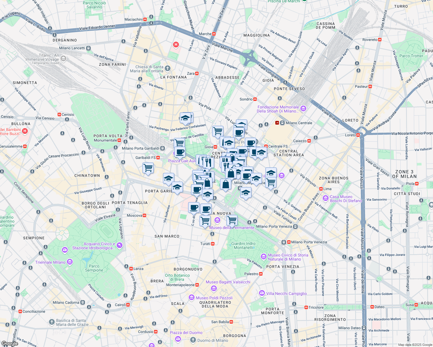 map of restaurants, bars, coffee shops, grocery stores, and more near Viale della Liberazione in Milano