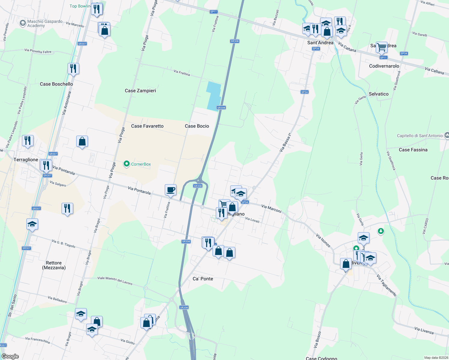 map of restaurants, bars, coffee shops, grocery stores, and more near 21/6 Via Don Domenico Baldon in Provincia di Padova