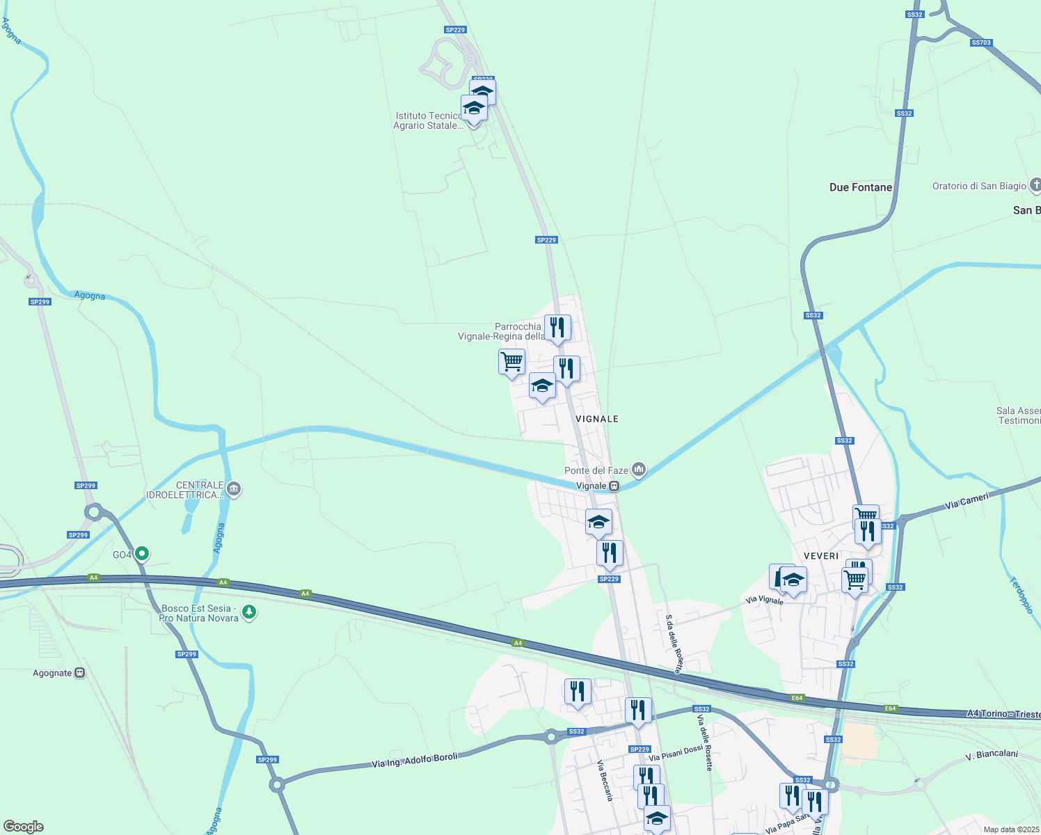 map of restaurants, bars, coffee shops, grocery stores, and more near 14 Via Boves in Novara