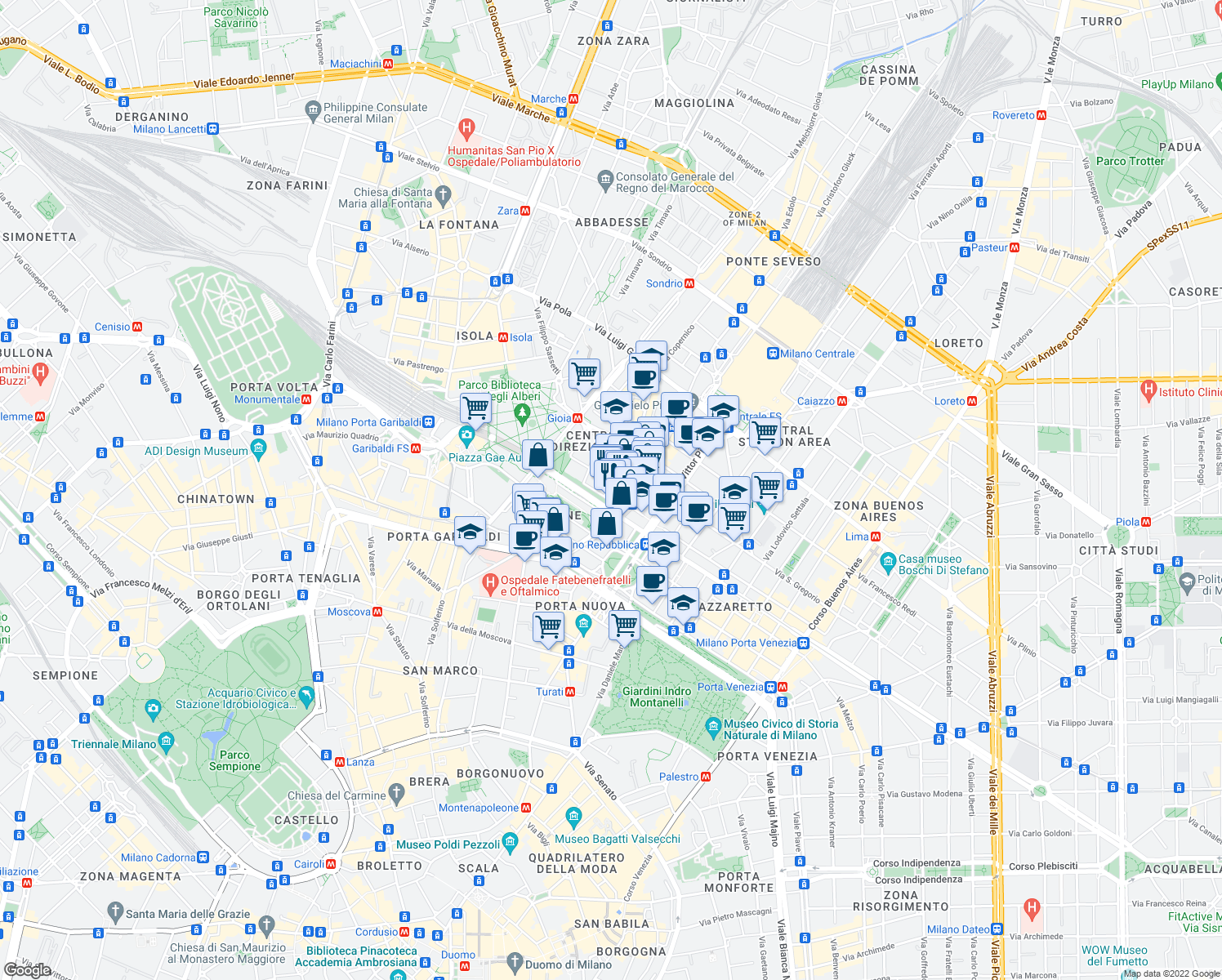 map of restaurants, bars, coffee shops, grocery stores, and more near 18 Viale della Liberazione in Milan