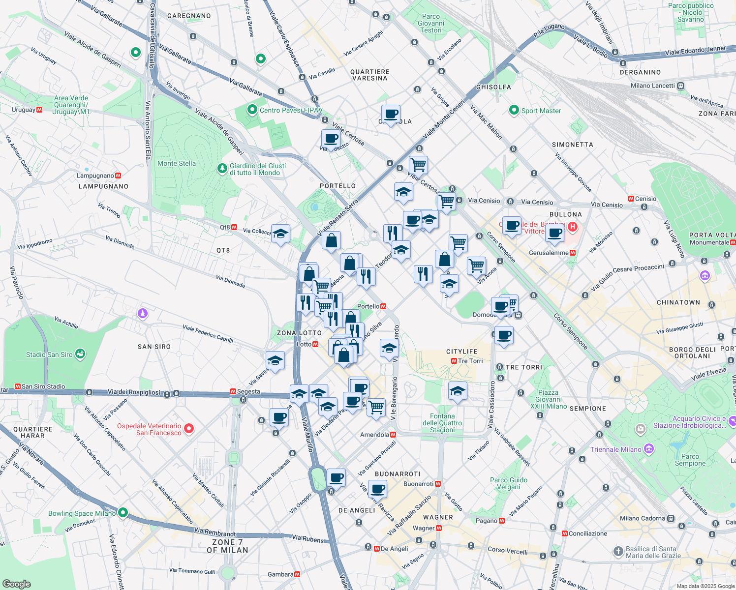 map of restaurants, bars, coffee shops, grocery stores, and more near 15 Viale Lodovico Scarampo in Milano