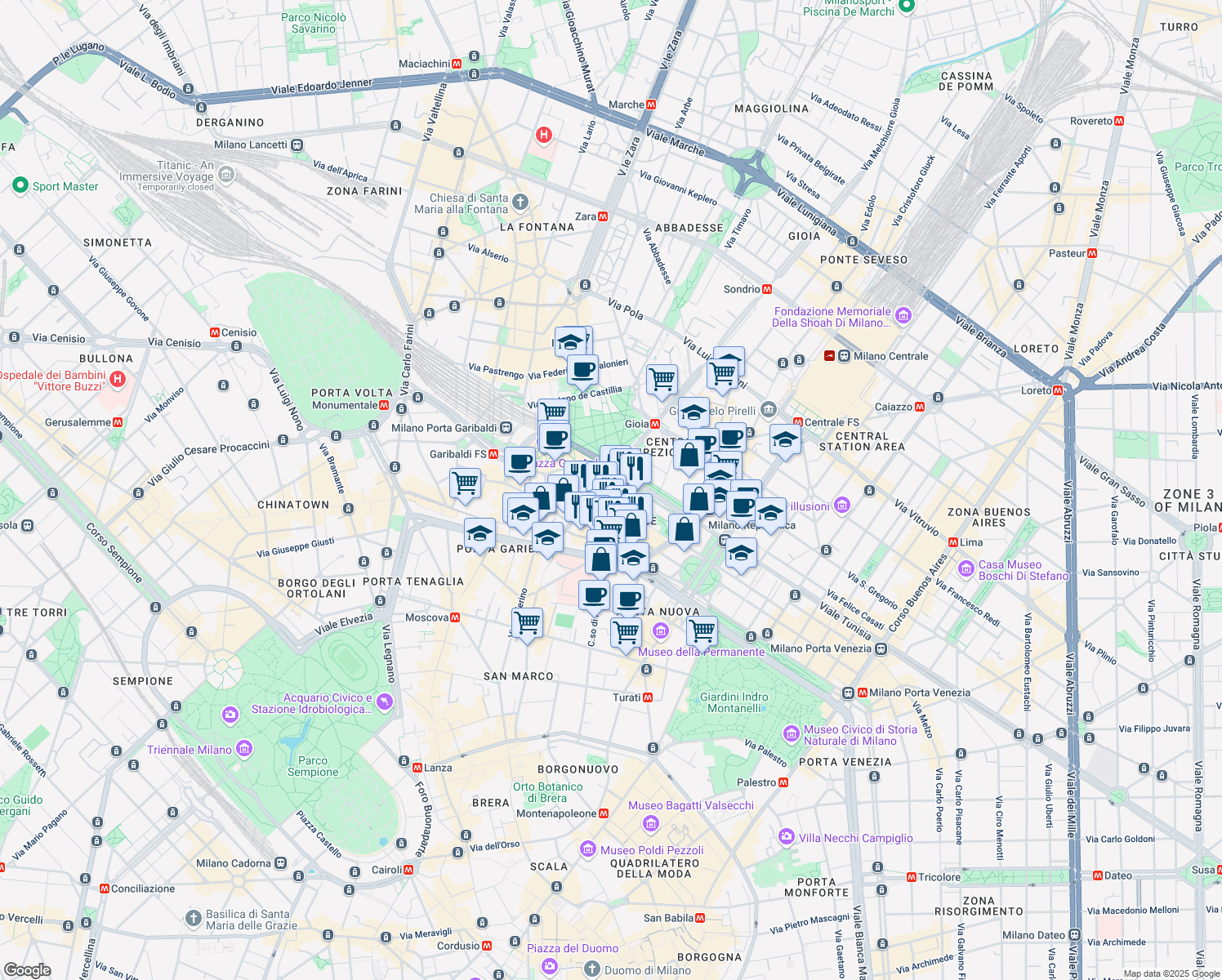 map of restaurants, bars, coffee shops, grocery stores, and more near 12 Via Amerigo Vespucci in Milano