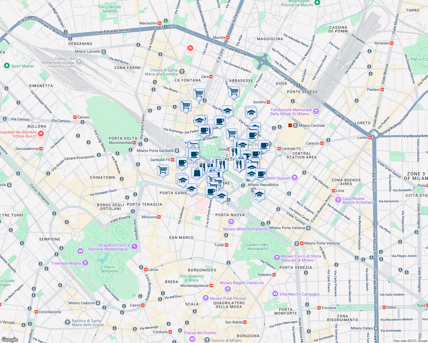 map of restaurants, bars, coffee shops, grocery stores, and more near 12 Via Amerigo Vespucci in Milano