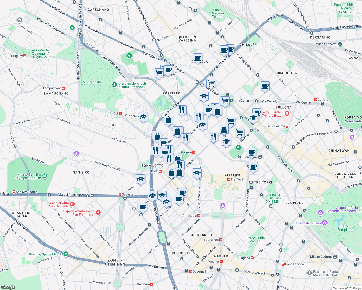 map of restaurants, bars, coffee shops, grocery stores, and more near 2-32 Via Sebastiano Veniero in Milano
