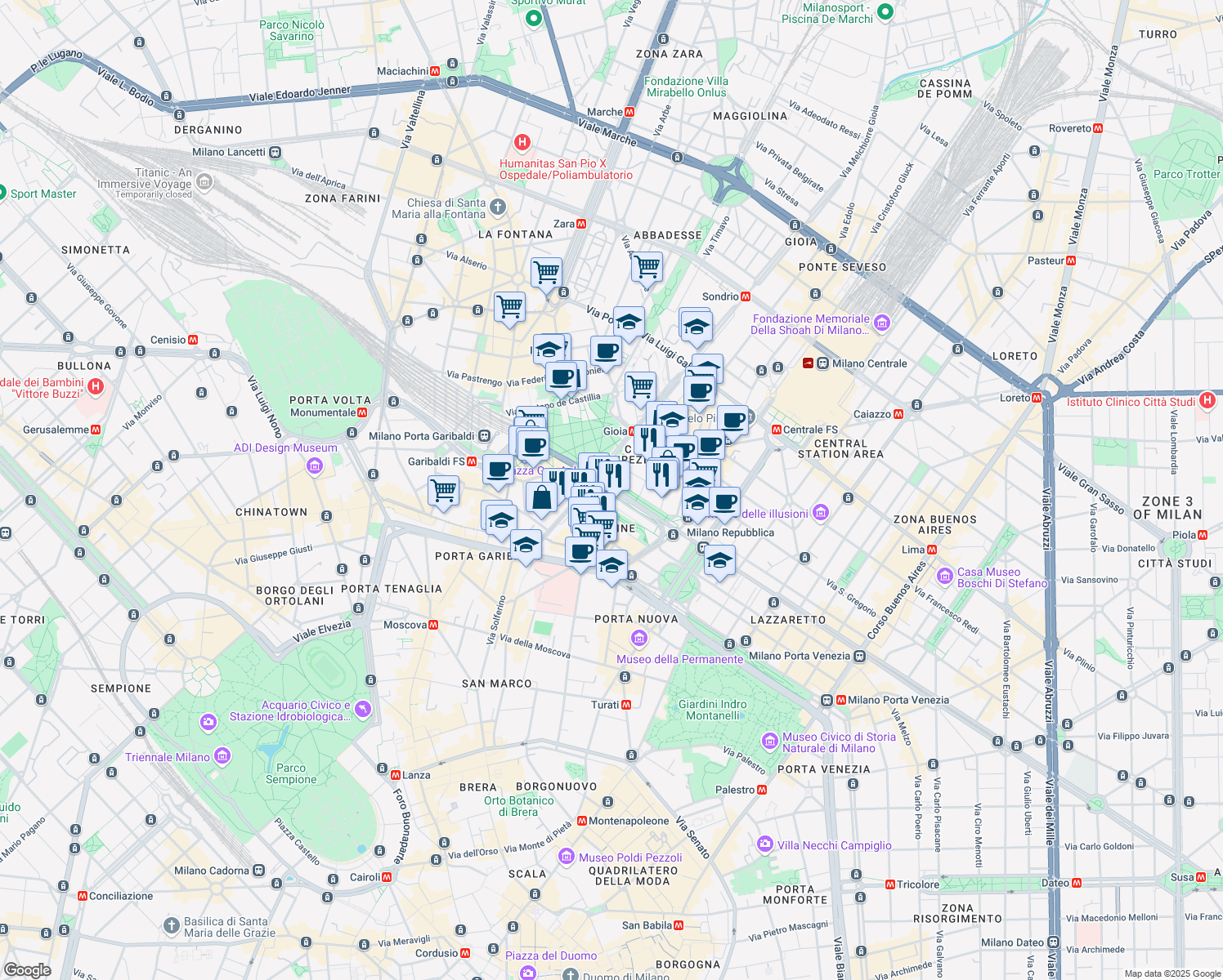 map of restaurants, bars, coffee shops, grocery stores, and more near 13 Viale della Liberazione in Milano