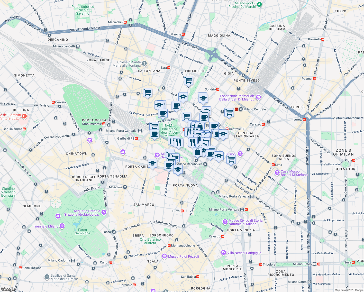 map of restaurants, bars, coffee shops, grocery stores, and more near 18 Viale della Liberazione in Milan