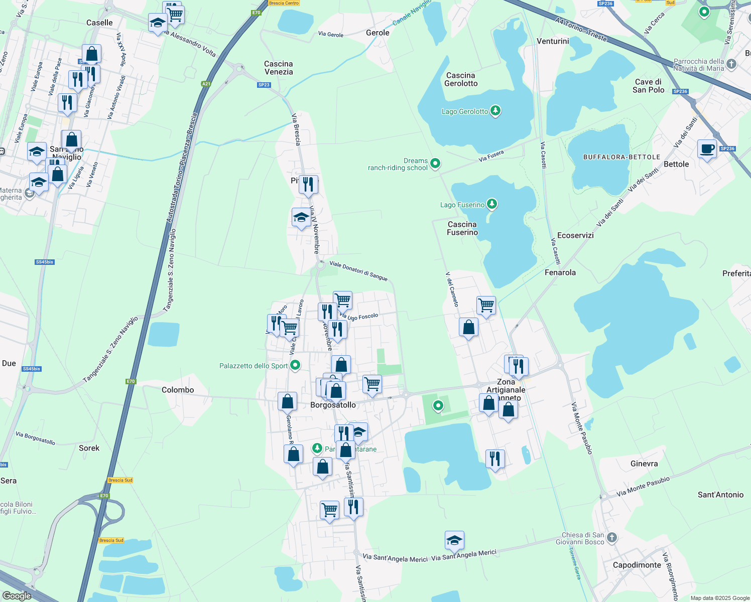map of restaurants, bars, coffee shops, grocery stores, and more near 7 Via Giacomo Leopardi in Borgosatollo