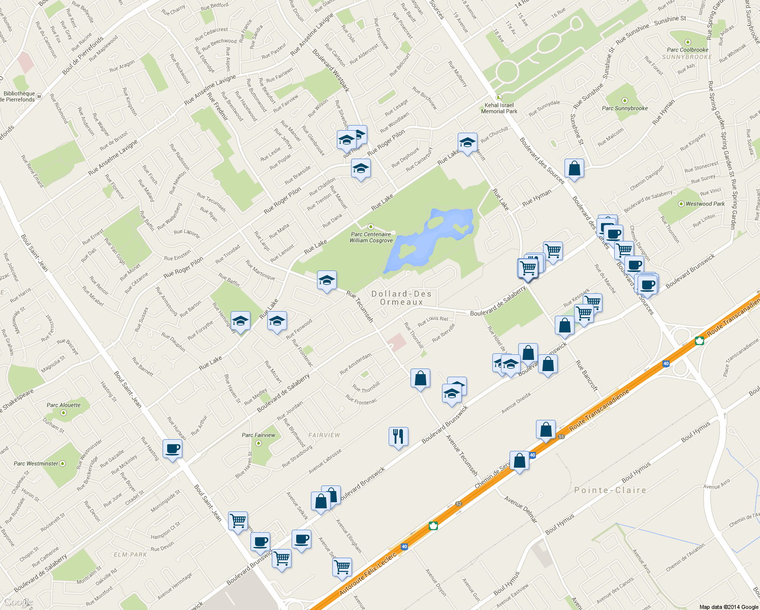 map of restaurants, bars, coffee shops, grocery stores, and more near 109 Rue Montevista in Dollard-des-Ormeaux