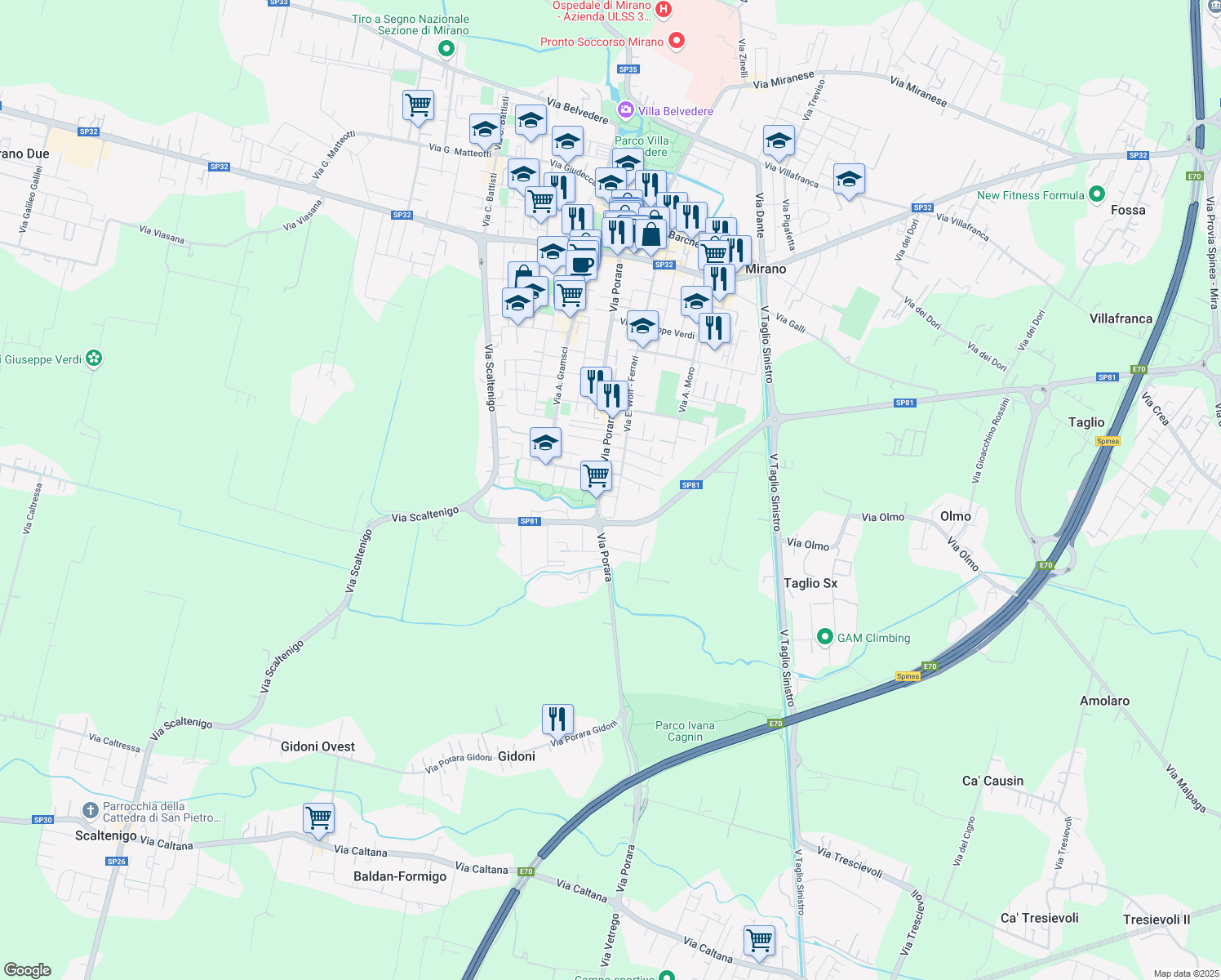 map of restaurants, bars, coffee shops, grocery stores, and more near 68 Via E. Wolf - Ferrari in Mirano