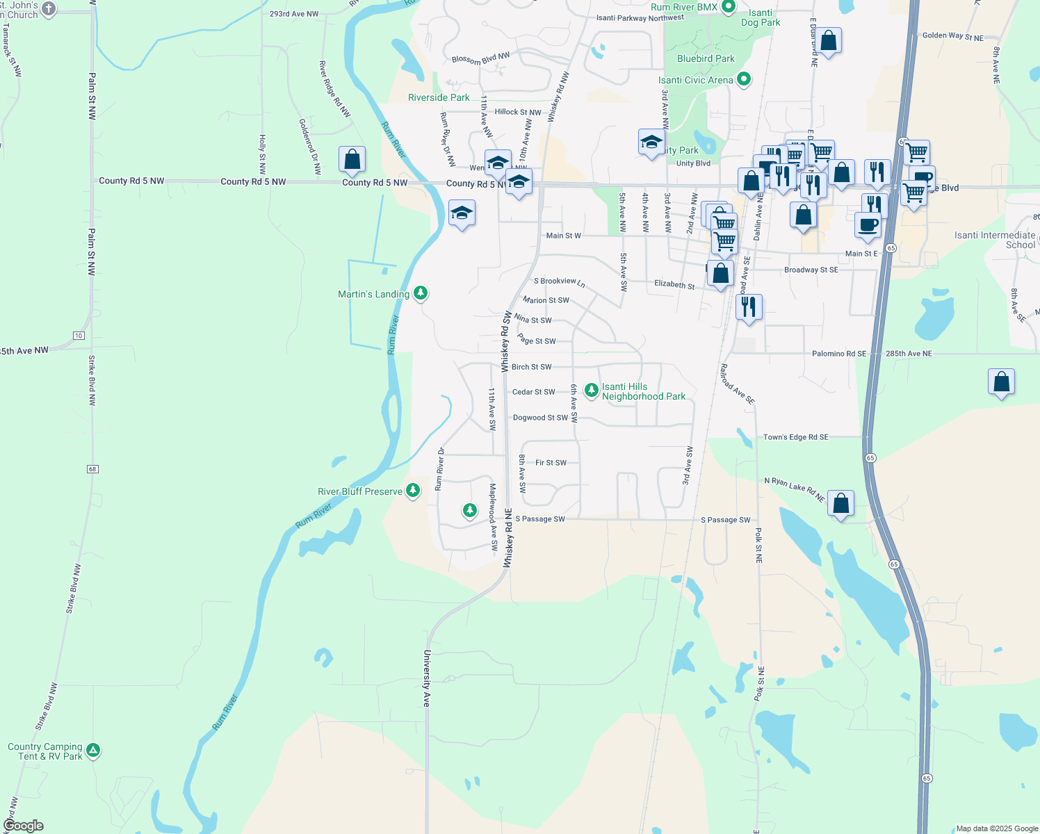 map of restaurants, bars, coffee shops, grocery stores, and more near 816 Dogwood Street Southwest in Isanti