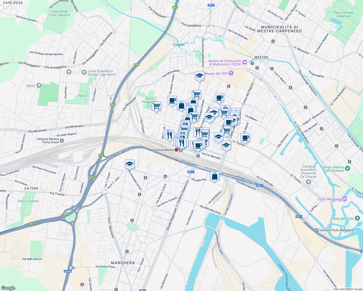 map of restaurants, bars, coffee shops, grocery stores, and more near 214 Via Piave in Venezia