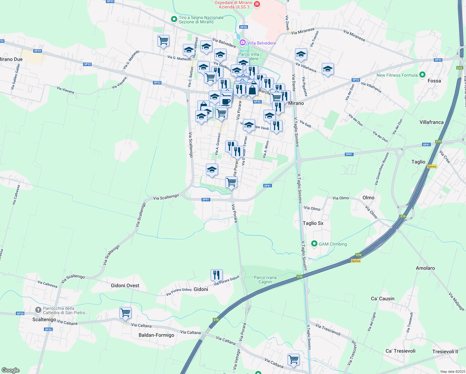 map of restaurants, bars, coffee shops, grocery stores, and more near 68 Via Ermanno Wolf - Ferrari in Mirano