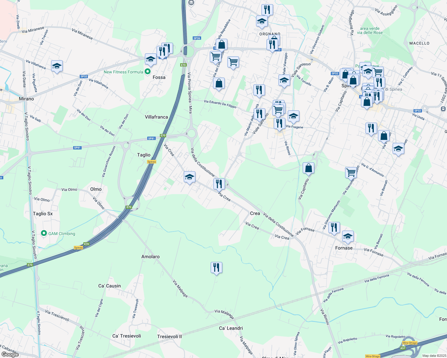map of restaurants, bars, coffee shops, grocery stores, and more near 98A Via Martiri della Libertà in Spinea