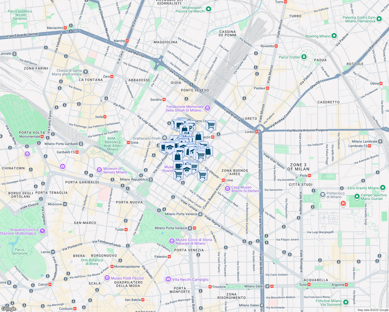 map of restaurants, bars, coffee shops, grocery stores, and more near 43-45 Via Vitruvio in Milan