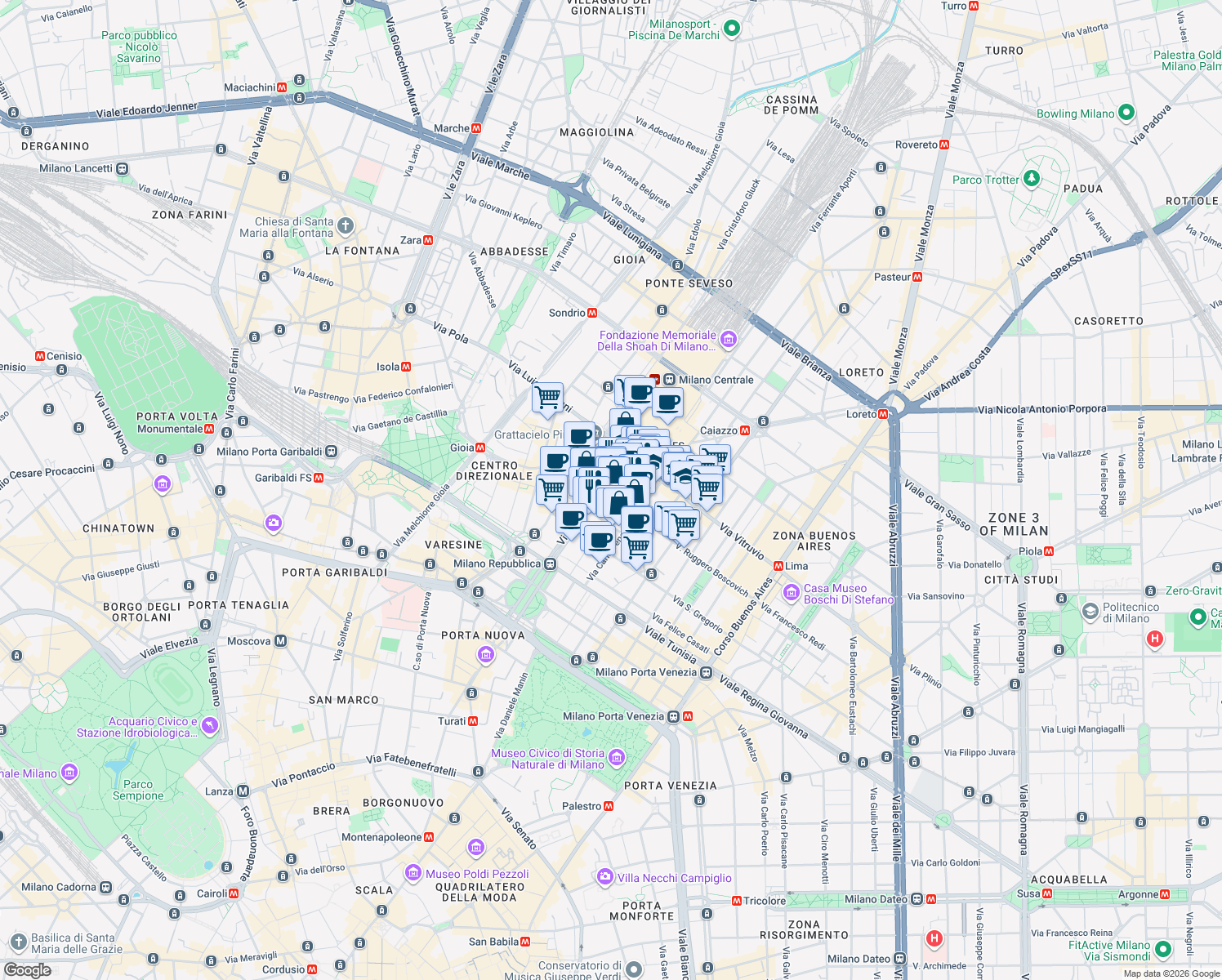 map of restaurants, bars, coffee shops, grocery stores, and more near 22 Via Vittor Pisani in Milano