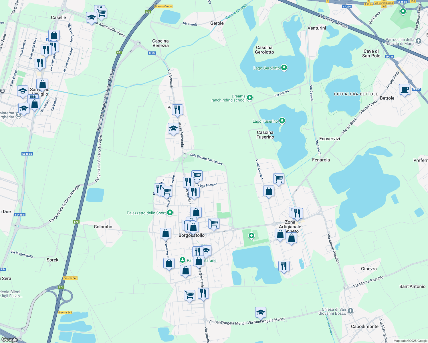 map of restaurants, bars, coffee shops, grocery stores, and more near 7 Via Giacomo Leopardi in Borgosatollo