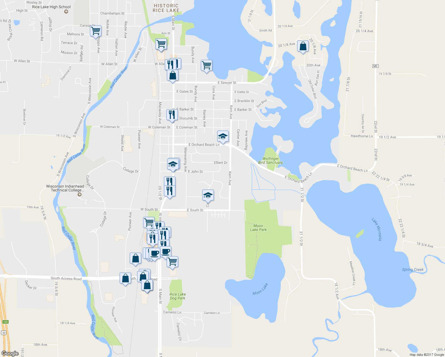 map of restaurants, bars, coffee shops, grocery stores, and more near 445 Moullette Drive in Rice Lake