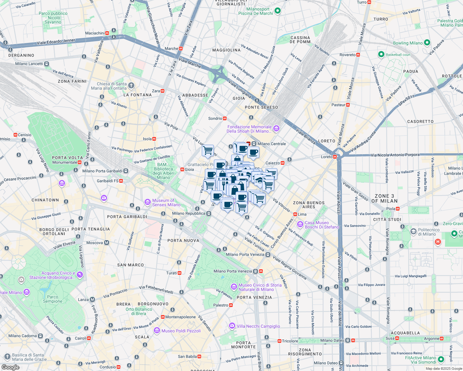 map of restaurants, bars, coffee shops, grocery stores, and more near 22 Via Vittor Pisani in Milano