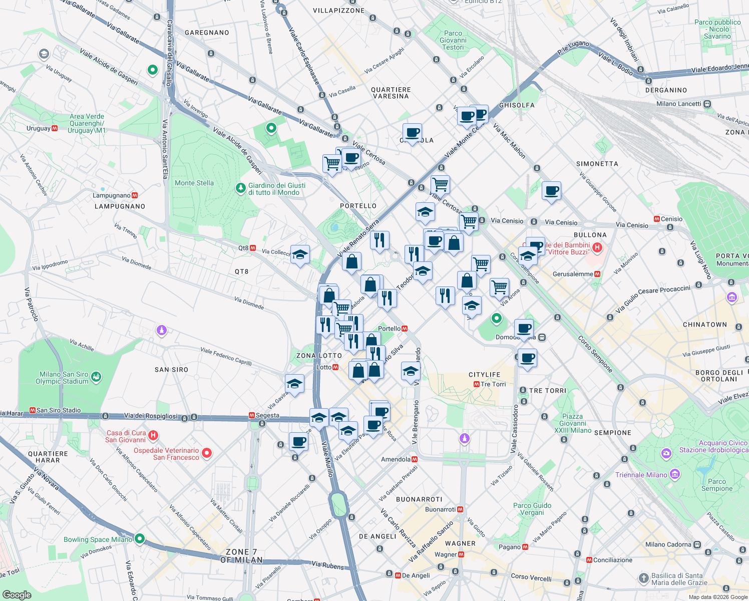 map of restaurants, bars, coffee shops, grocery stores, and more near 32 Via Sebastiano Veniero in Milano