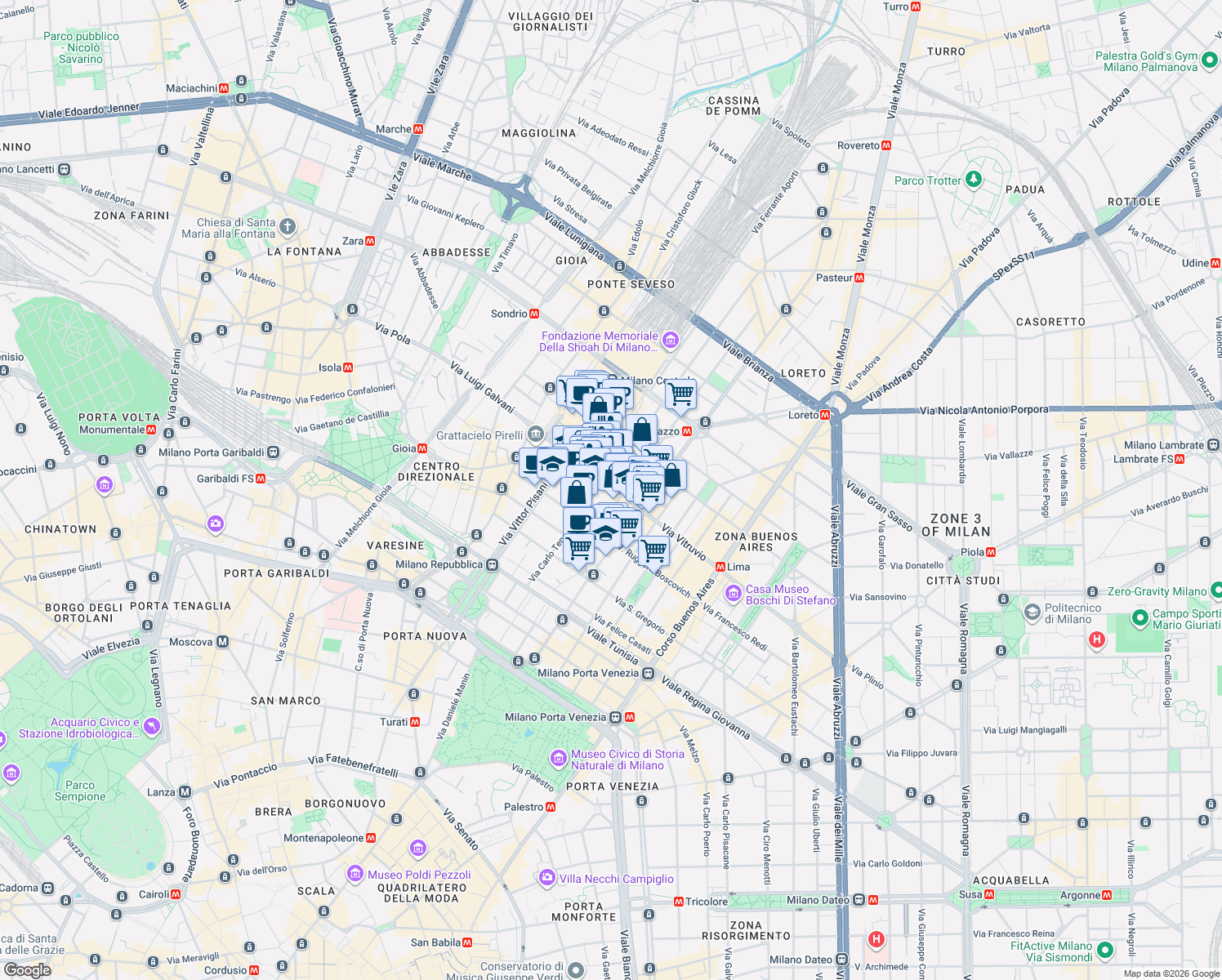 map of restaurants, bars, coffee shops, grocery stores, and more near 43 Via Vitruvio in Milano
