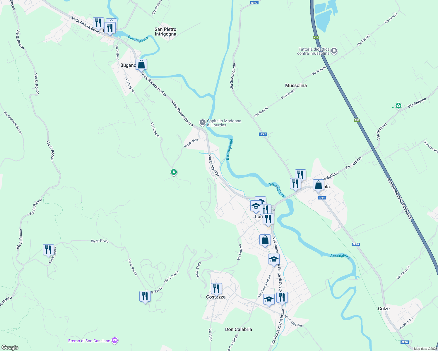 map of restaurants, bars, coffee shops, grocery stores, and more near 110 Viale Riviera Berica in Longare