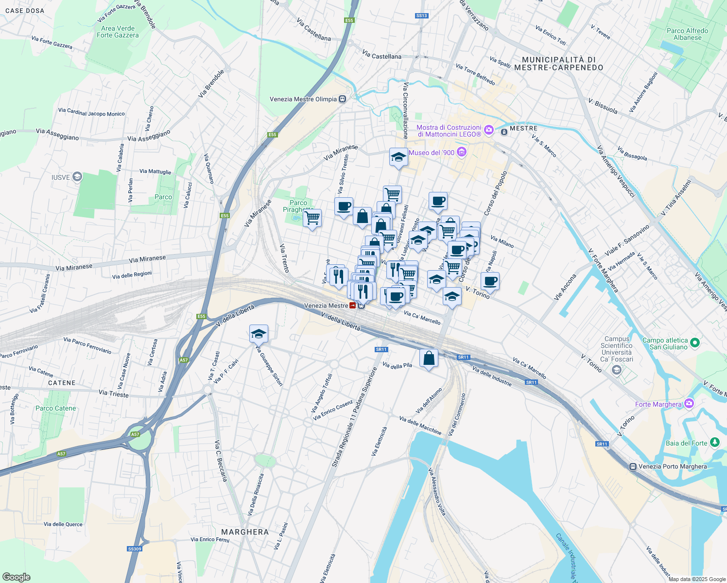 map of restaurants, bars, coffee shops, grocery stores, and more near 214 Via Piave in Venezia