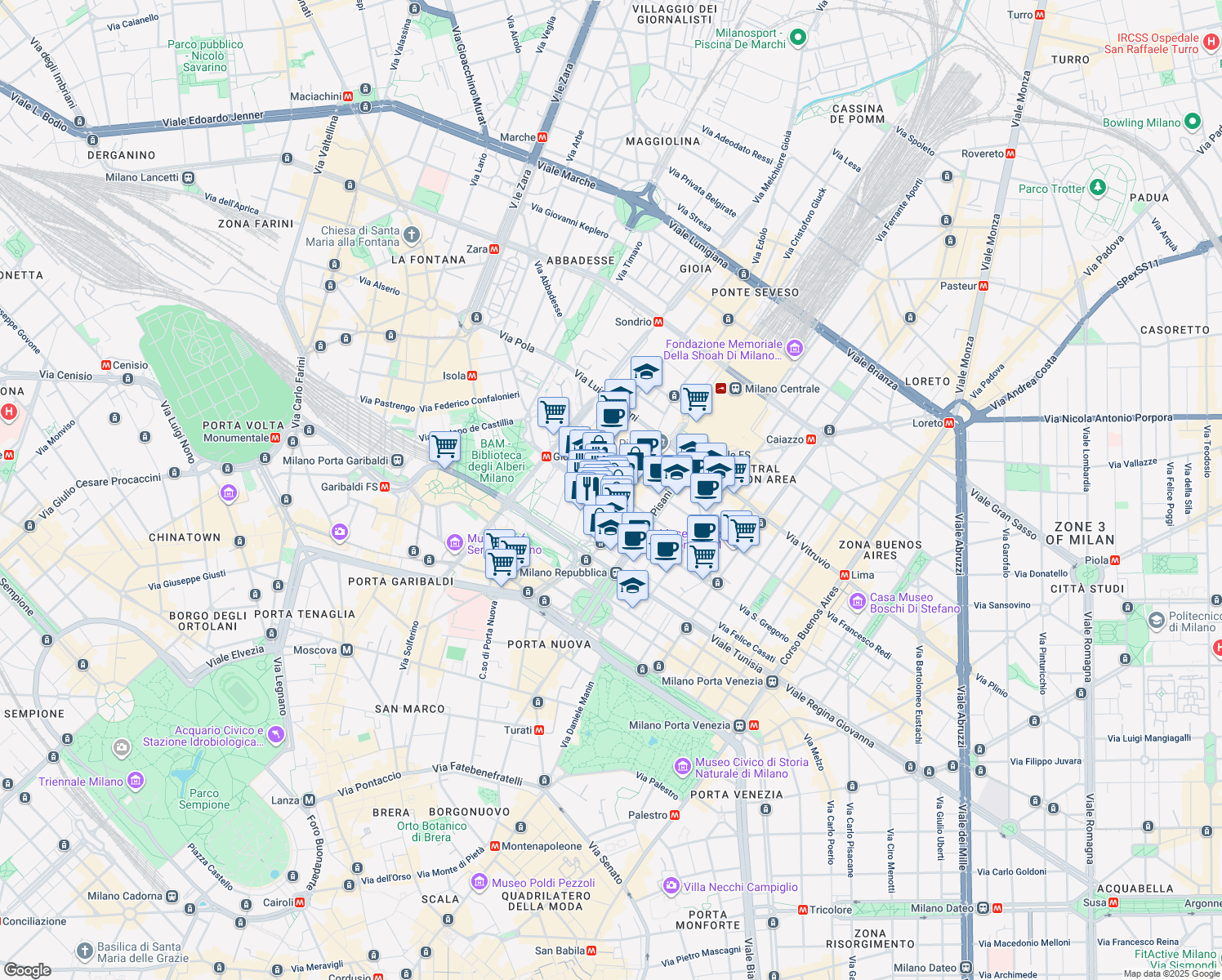 map of restaurants, bars, coffee shops, grocery stores, and more near in Milan