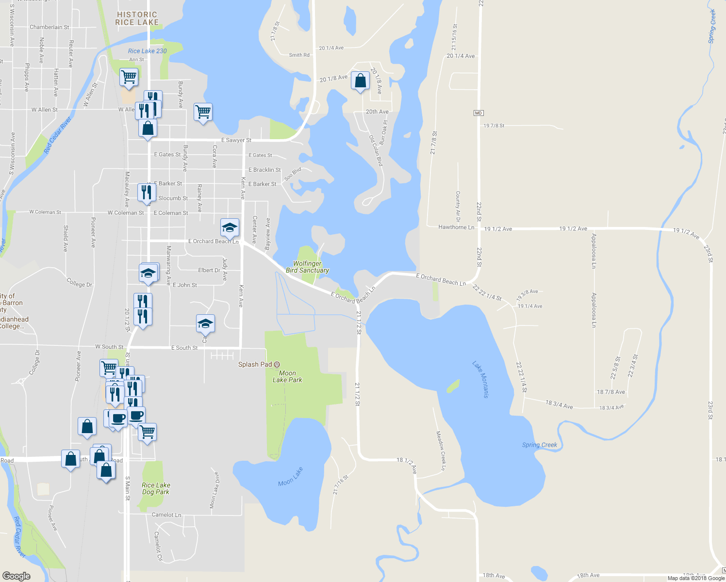 map of restaurants, bars, coffee shops, grocery stores, and more near 1503 East Orchard Beach Lane in Rice Lake