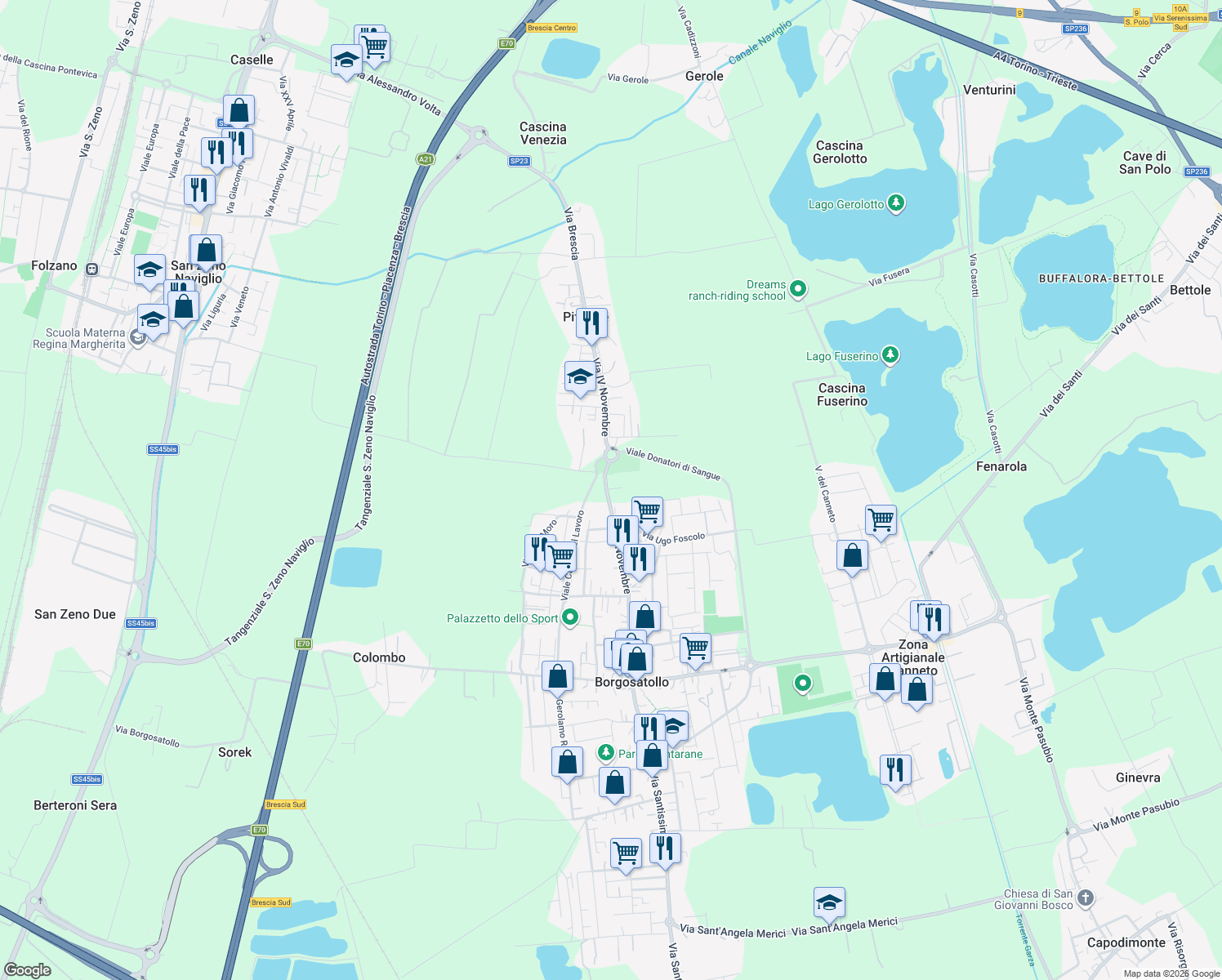 map of restaurants, bars, coffee shops, grocery stores, and more near 170 Via IV Novembre in Borgosatollo