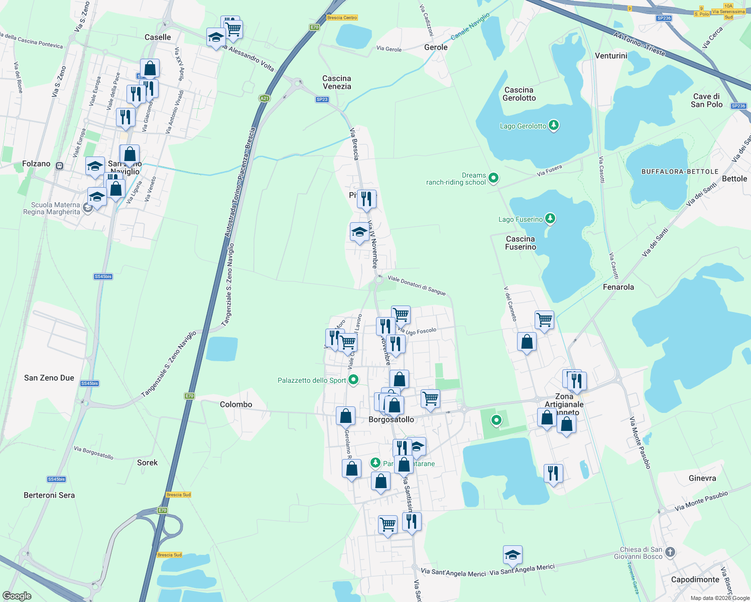 map of restaurants, bars, coffee shops, grocery stores, and more near 170 Via IV Novembre in Borgosatollo