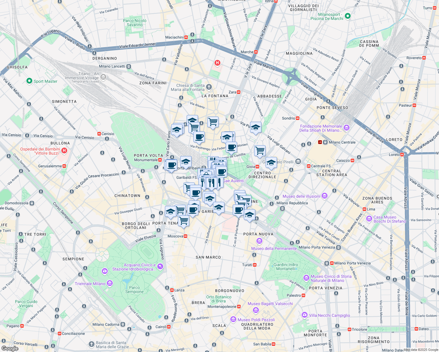 map of restaurants, bars, coffee shops, grocery stores, and more near Piazza Gae Aulenti in Milano