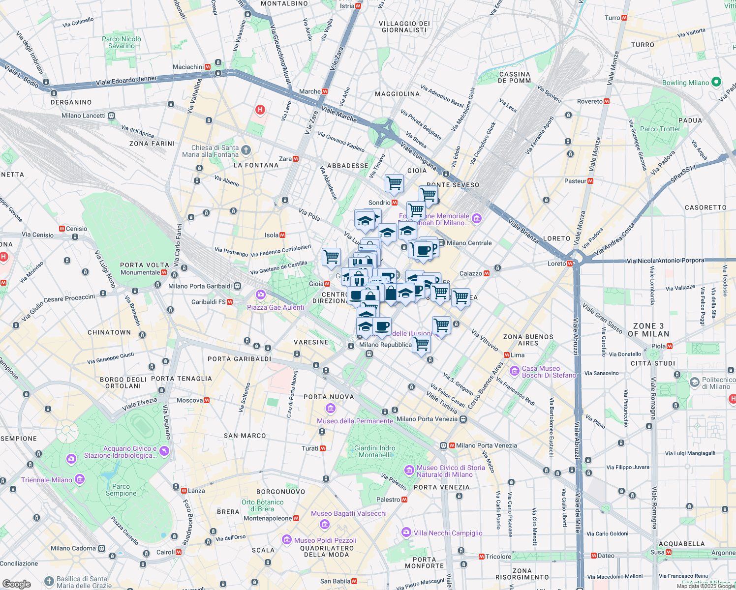 map of restaurants, bars, coffee shops, grocery stores, and more near 20 Via Giovanni Battista Pirelli in Milano