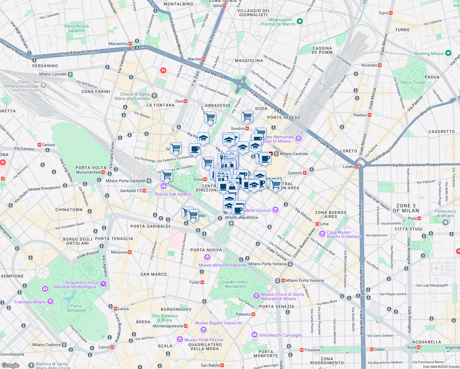 map of restaurants, bars, coffee shops, grocery stores, and more near 20 Via Giovanni Battista Pirelli in Milano