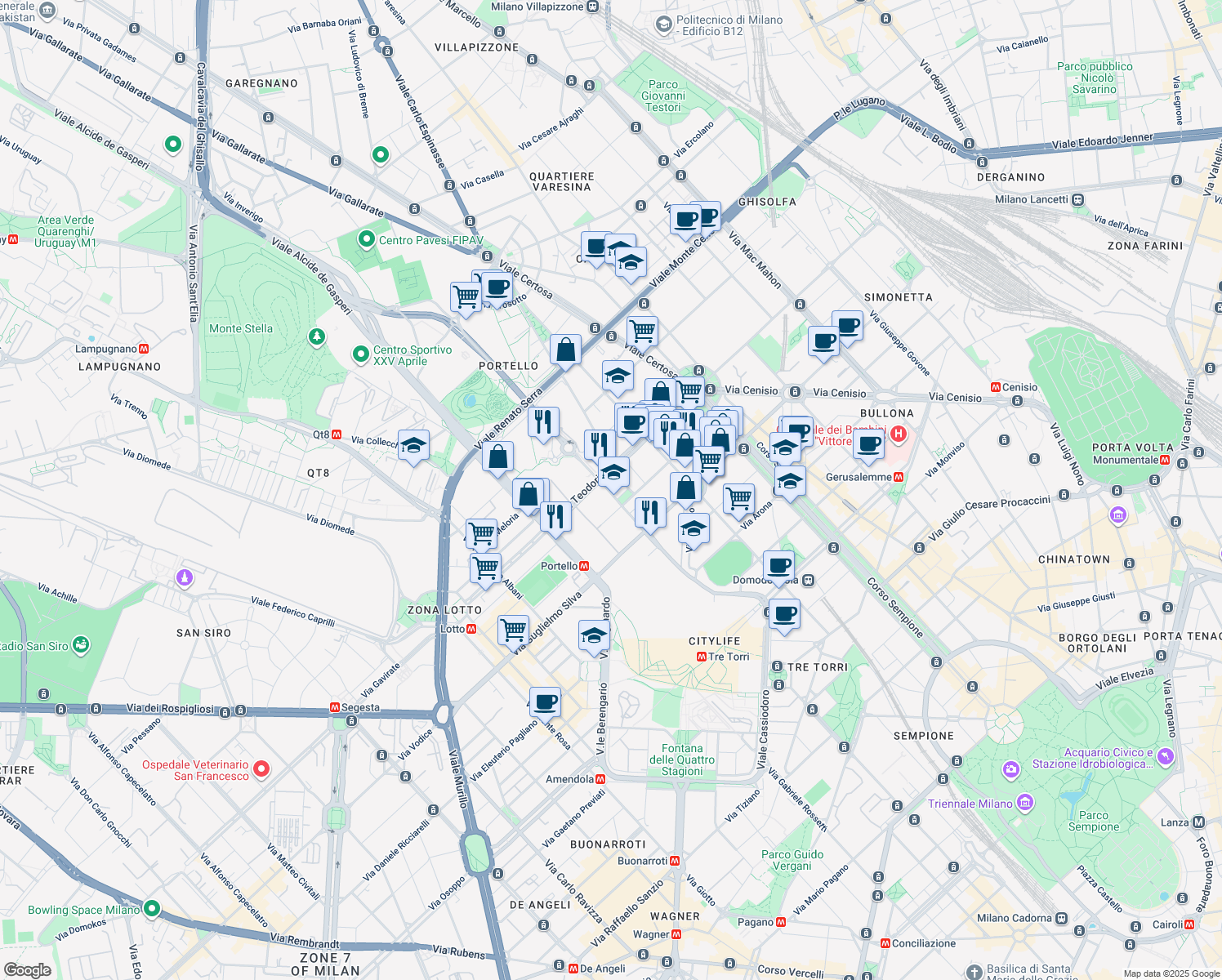 map of restaurants, bars, coffee shops, grocery stores, and more near 30 Via Gattamelata in Milano