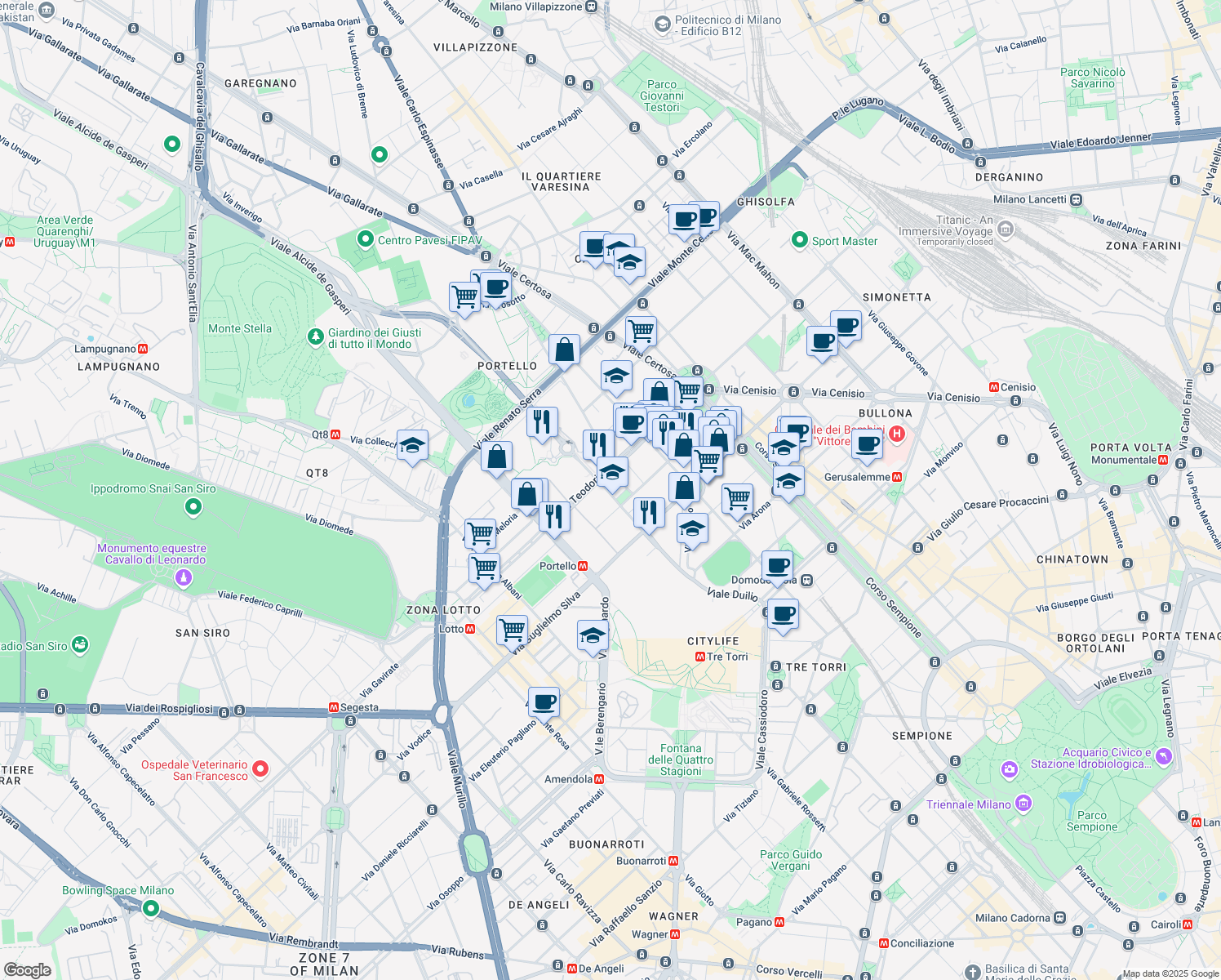 map of restaurants, bars, coffee shops, grocery stores, and more near 30 Via Gattamelata in Milano