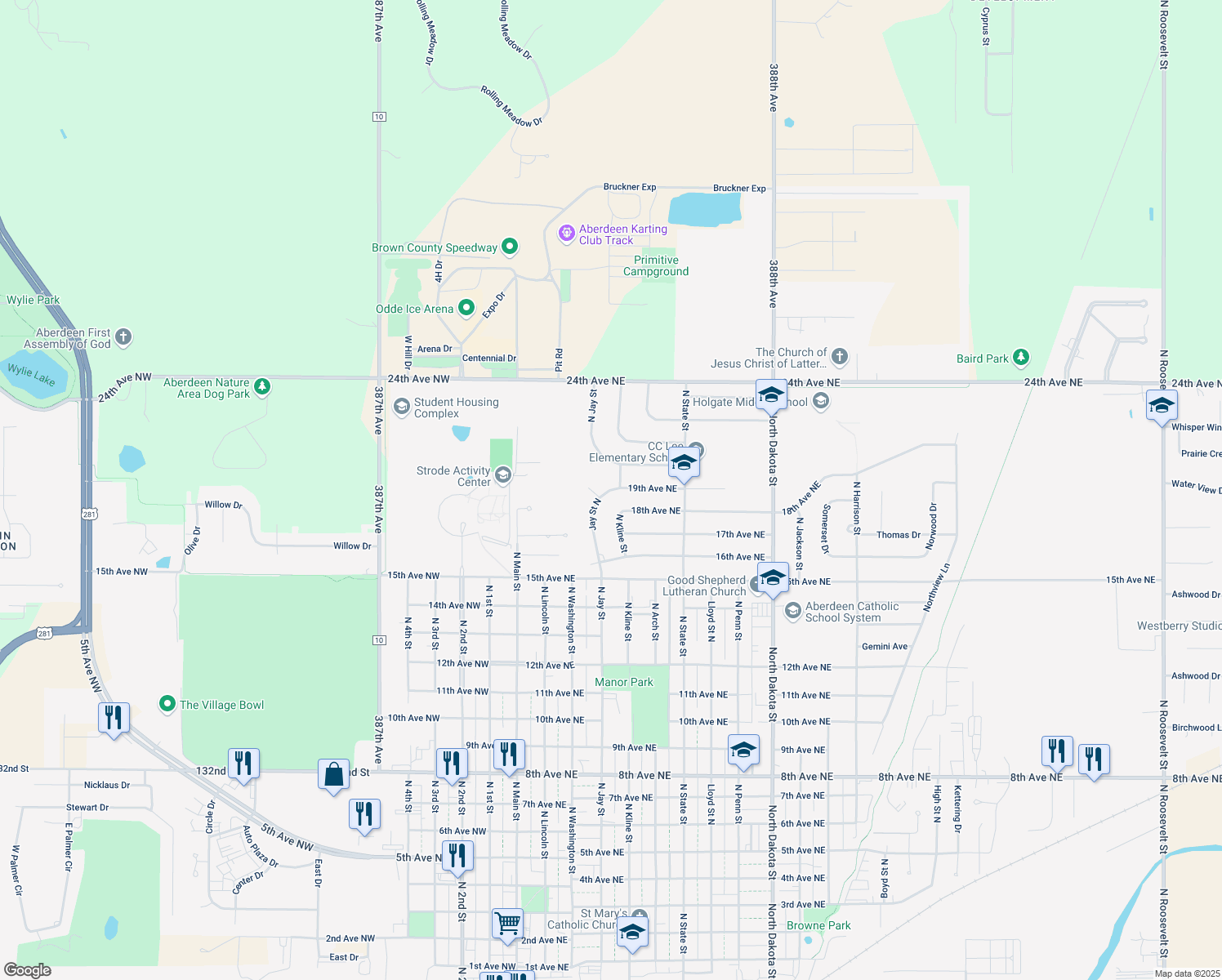 map of restaurants, bars, coffee shops, grocery stores, and more near Jay St N in Aberdeen