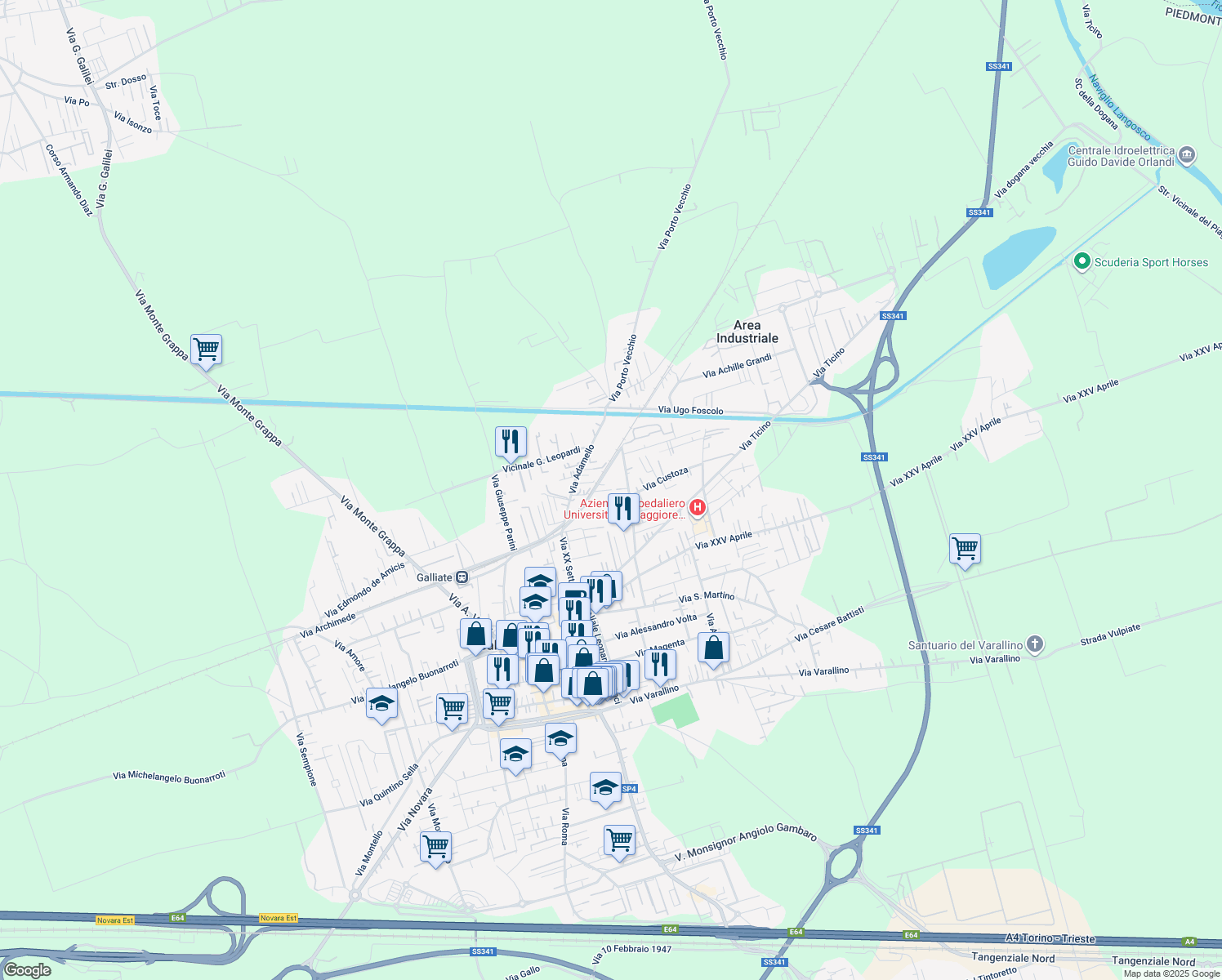 map of restaurants, bars, coffee shops, grocery stores, and more near 11A Via Giovan Battista Gambaro in Galliate