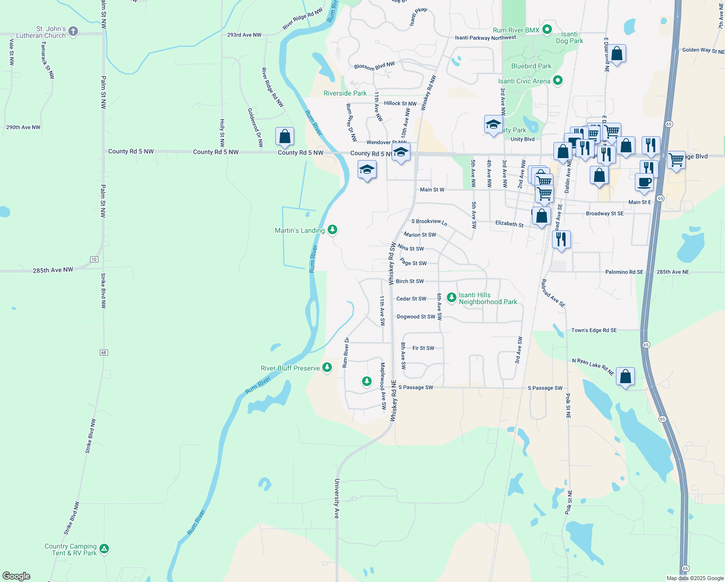 map of restaurants, bars, coffee shops, grocery stores, and more near 703 Rum River Drive in Isanti