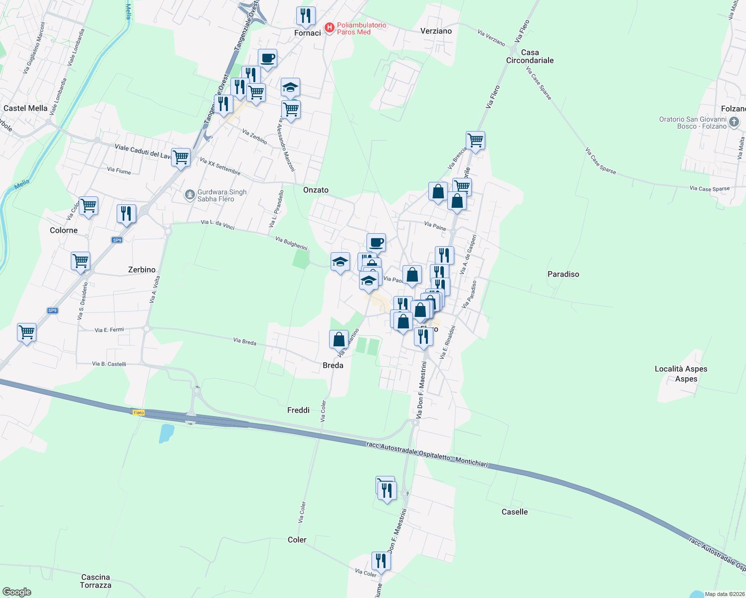 map of restaurants, bars, coffee shops, grocery stores, and more near 23 Piazza 4 Novembre in Flero
