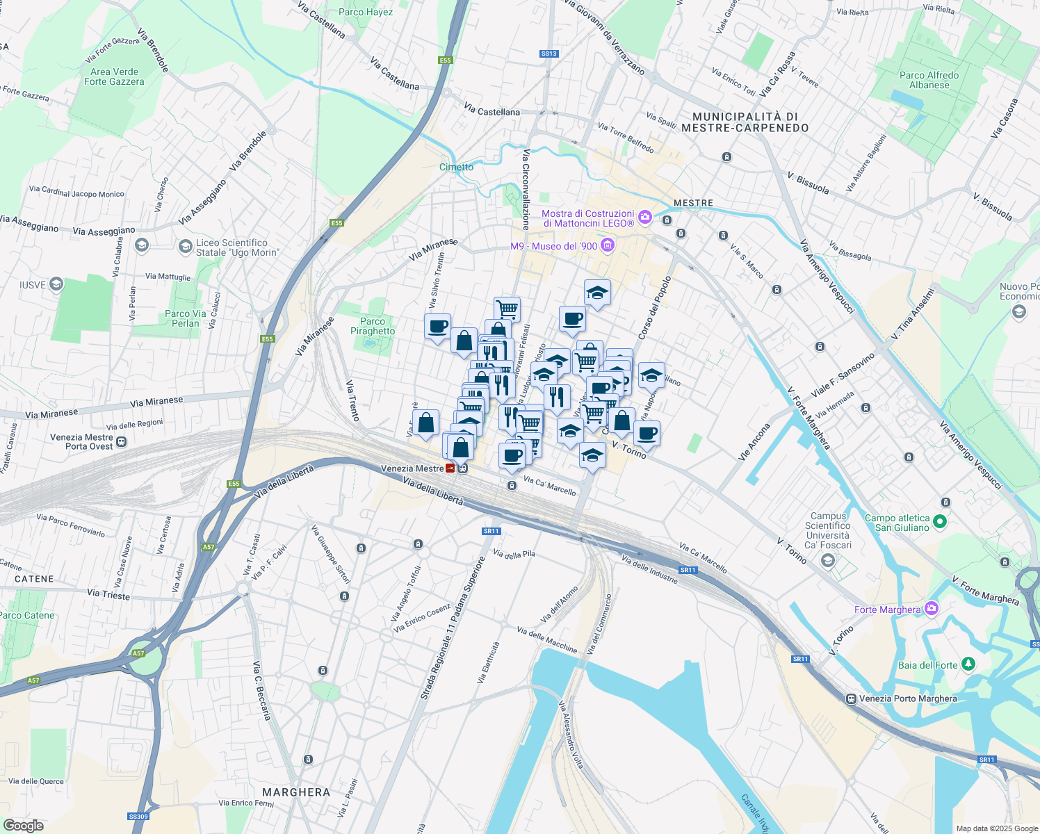 map of restaurants, bars, coffee shops, grocery stores, and more near 95 Via Dante in Venezia