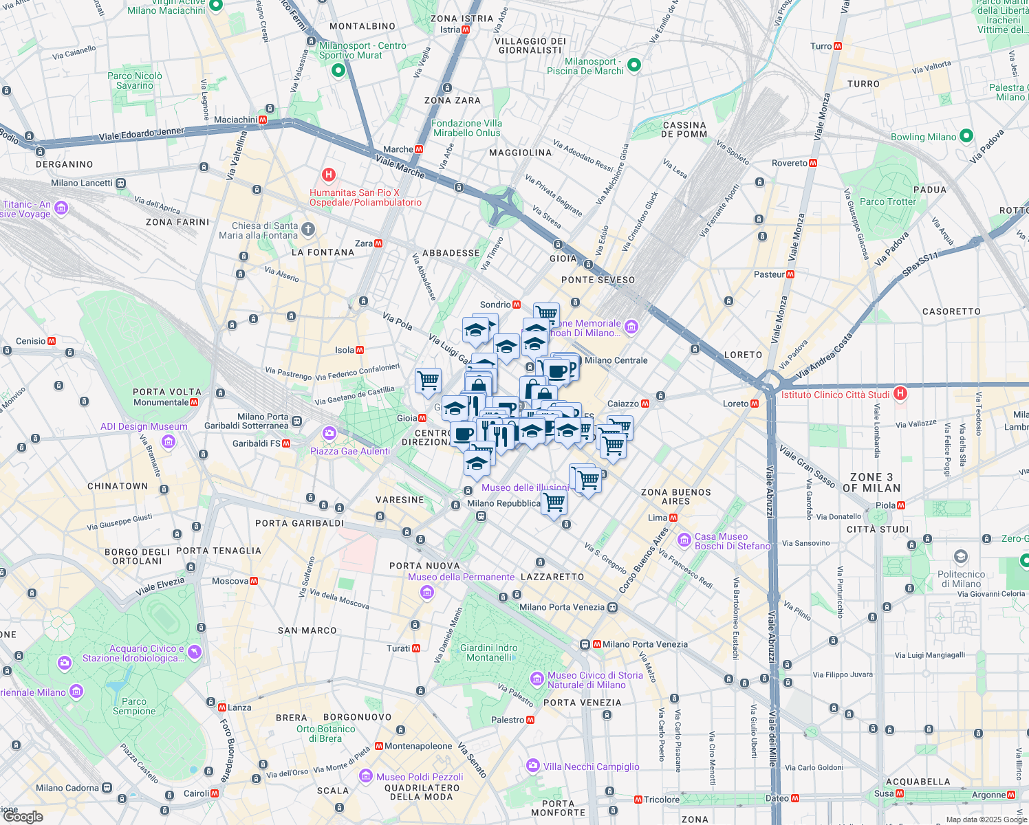 map of restaurants, bars, coffee shops, grocery stores, and more near 29 Via Fabio Filzi in Milano