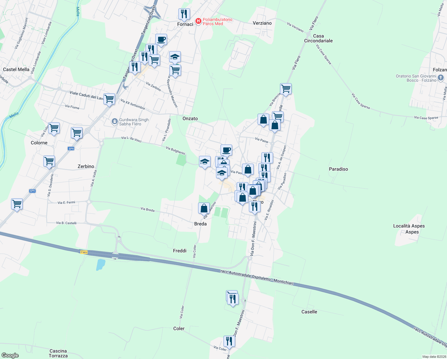 map of restaurants, bars, coffee shops, grocery stores, and more near 23 Piazza 4 Novembre in Flero