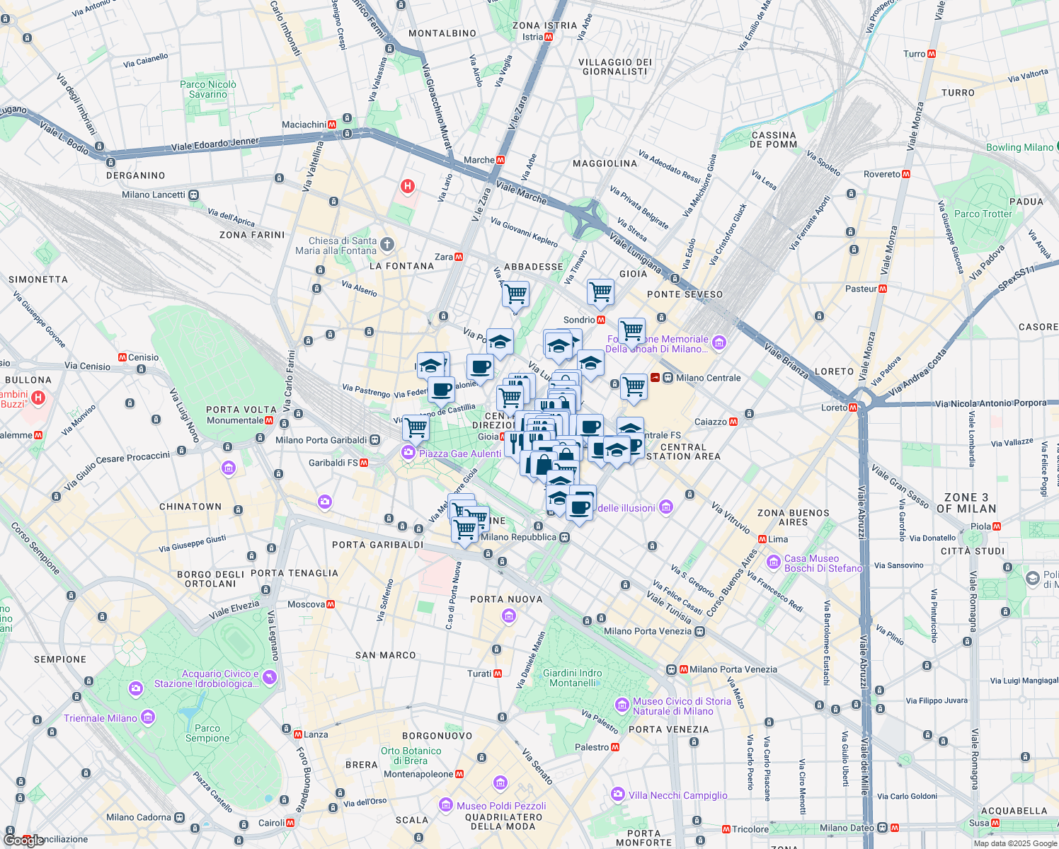 map of restaurants, bars, coffee shops, grocery stores, and more near 22 Via Melchiorre Gioia in Milano
