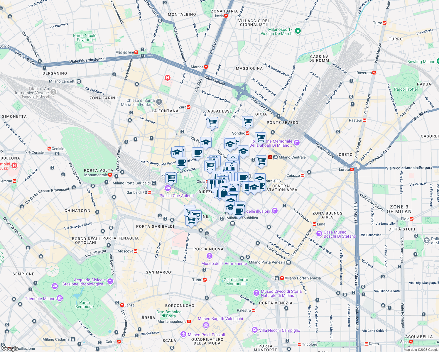 map of restaurants, bars, coffee shops, grocery stores, and more near 22 Via Melchiorre Gioia in Milano