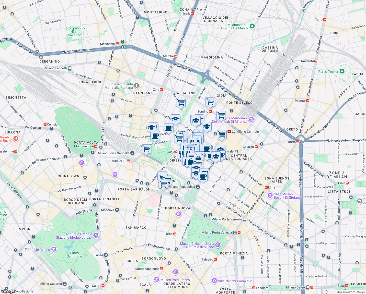 map of restaurants, bars, coffee shops, grocery stores, and more near 22 Via Melchiorre Gioia in Milano